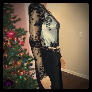 Black Lace and Sequin V-Neck Bodysuit